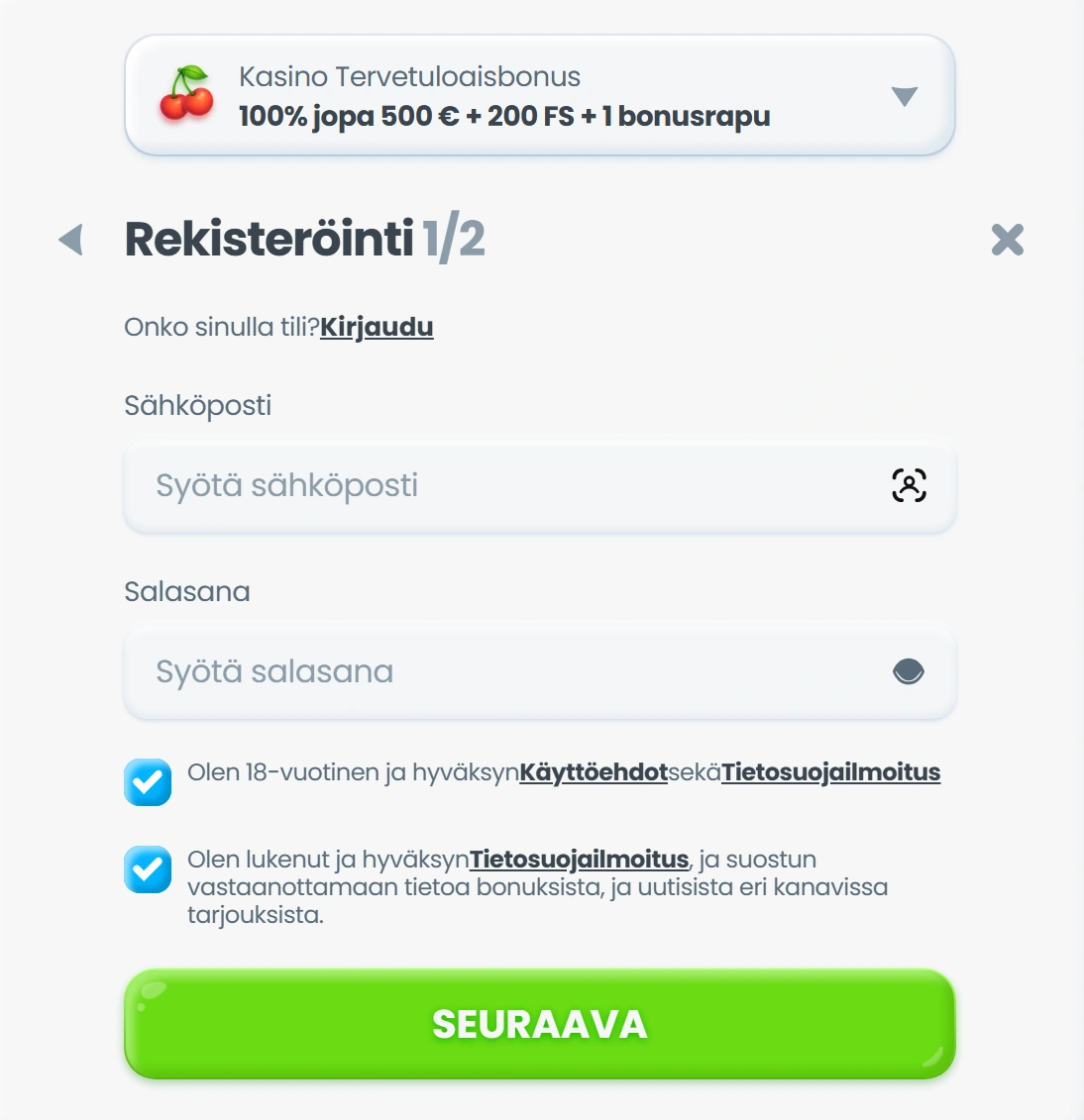 Kuinka rekisteröidytään Cazimboon